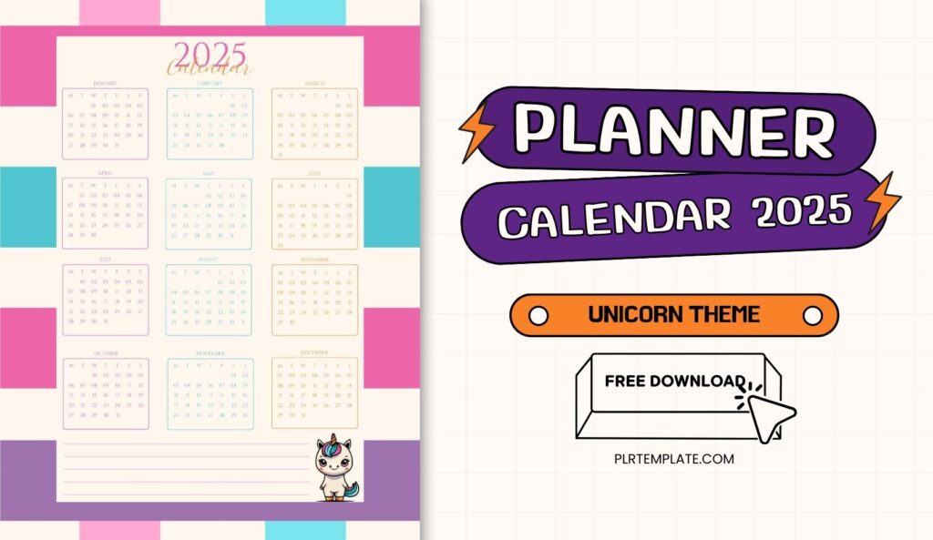 Purple Unicorn Style Planner free download PLR License - Part Calendar 2025 Planner